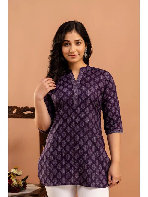 Purple Printed Straight Tunic With Three Quarter Sleeves