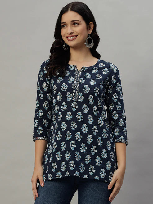 Cotton Straight Printed Blue Kurta Ethnic Wear
