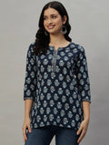 Cotton Straight Printed Blue Kurta Ethnic Wear