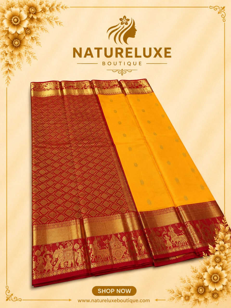 PURE PATTU KANCHIPURAM SILK MARK CERTIFICATE YELLOW WITH RED COMBO