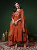 Cotton Calf Length Printed 3/4 Sleeves Round Neck Semi-Flared Kurta Suit Set