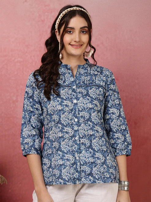 Blue Floral Printed Cotton Top
