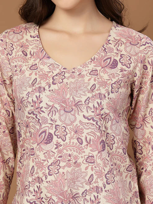 Women's Cream Floral Printed Cotton Straight Top