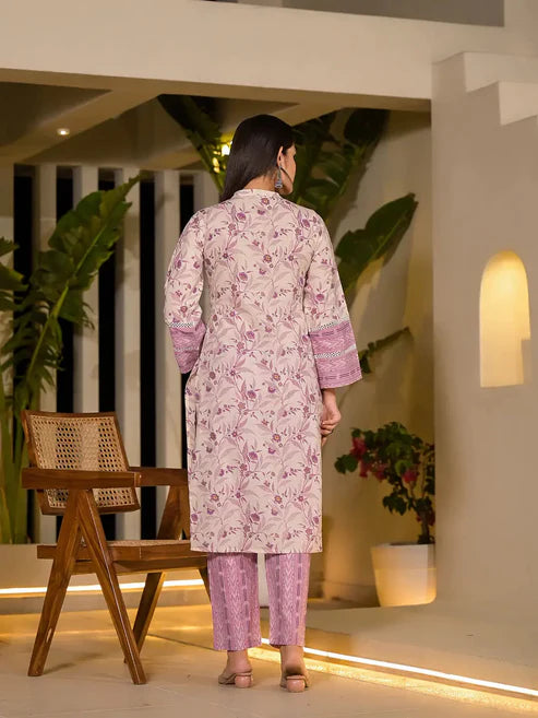 Purple Leaf Print Cotton Pakistani Style Kurta With Trousers With Dupatta Set